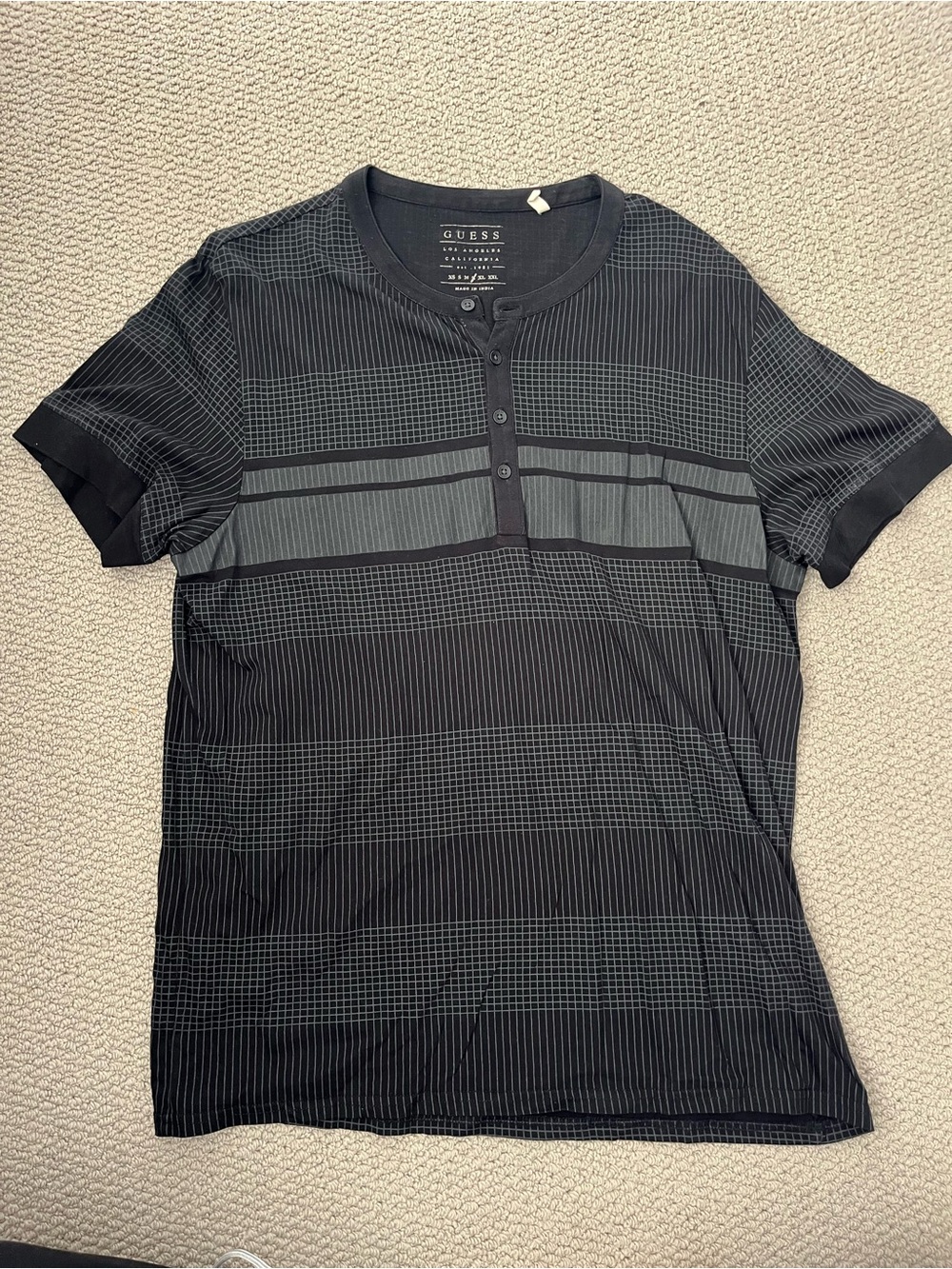 GUESS Black and Gray Striped Short Sleeve Henley